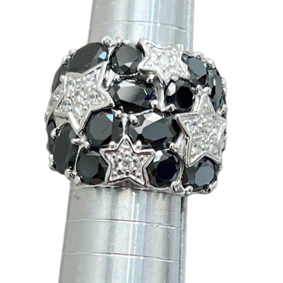 STERLING SILVER BLACK & CLEAR CRYSTALS NIGHT SKY WITH STARS COCKTAIL RING SIZE 7 - Picture 11 of 16